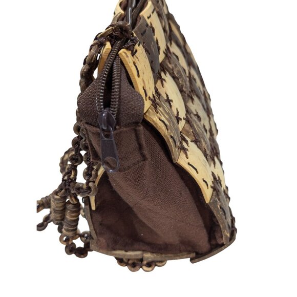 Coconut Shell Checkerboard Purse With Beaded Shoulder Strap & Zip Closure - Picture 2 of 8